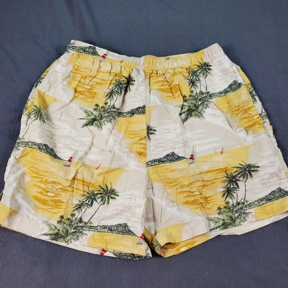 Tommy Bahama Bungalow Brand‎ Mens Yellow Tropical Island Print Swim Trunks L
